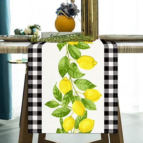 Постелнини бели и црни биволи карирани проверка на тркач на лимон од лимон 72 инчи долг стил на фарма куќа пролет лето дома кујна