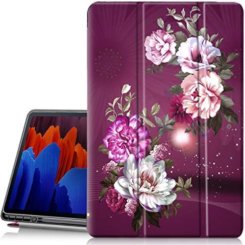 Hocase Galaxy Tab S7 Plus Case, PU кожа паметен флип куќиште со симпатичен дизајн на цвеќе, функција за будење автоматско спиење, мек