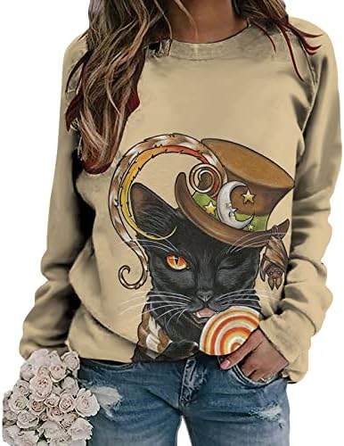 Narhbrg женски дуксер за Ноќта на вештерките - кошули за печатење со мачки за мачки за мачки графички мета обични лабави долги ракави на