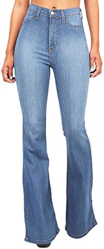 LMSXCT Флејар фармерки за жени, женски високи половини за истегнување на дното на дното на дното, тенок фит џебови, разгорени панталони