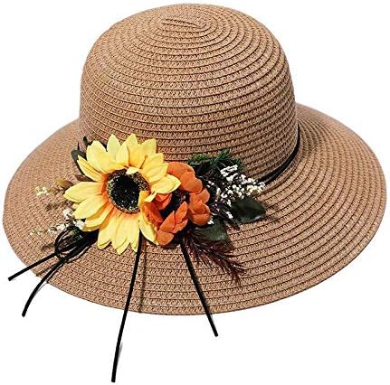 Womenенски широко гребени за заштита од сонце, слама капа, летна заштита на плажа и слушалка за сончоглед.