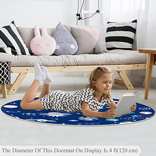 Llnsupply Детска килим 4 ft Големи килими со тркалезно подрачје за момчиња за девојчиња бебе - вселенско летало сина шема, домашен декор преклопен