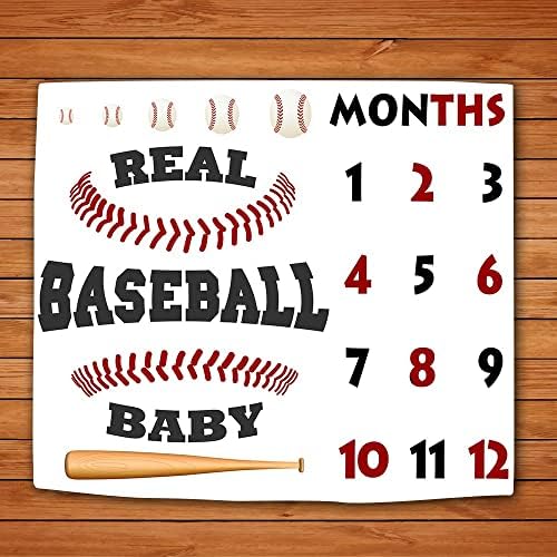 Месечно ќебе за бебиња на бебиња, вистинско бејзбол бебе од 1 до 12 неутрални графикони за раст, пресвртница, ќебе за бебиња за туширање, 48х40