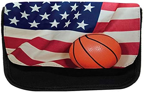Служлив спортски молив случај, патриотизам на топка и знаме на САД, торба со молив со ткаенини со двоен патент, 8,5 x 5,5, повеќебојни
