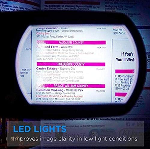 Зголемувач, LED светлина од 2,5X раце бесплатно зголемувачки стакло со осветлен штанд и кабел за вратот - Правоаголен лупа за читање,
