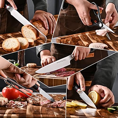 Сет за ножеви Emojoy, 16-парчен кујнски нож поставен со блок и населени стек ножеви, Германија високо јаглерод не'рѓосувачки челик