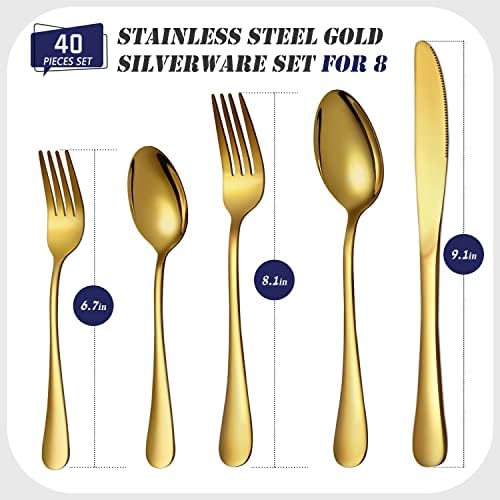 40 парчиња златен сребрен сад поставен за 8, сет за рамнотежа од не'рѓосувачки челик вклучува лажици вилушки ножеви, златни прибор