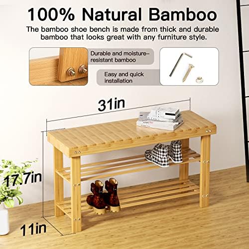 Cmood Bamboo Shoe Rack Bench, 3-нивоа организатор на бамбус чевли за влезен ходник бања за спална соба за спална соба, полица за складирање