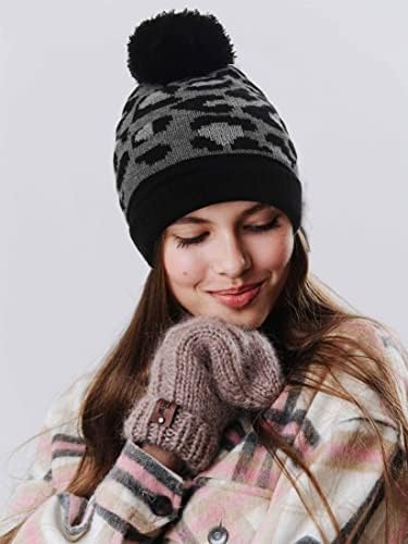 Леопард печатење на гравчињата црна пом пом -бени капи трендовски животински шема ски манжетна капа за жени