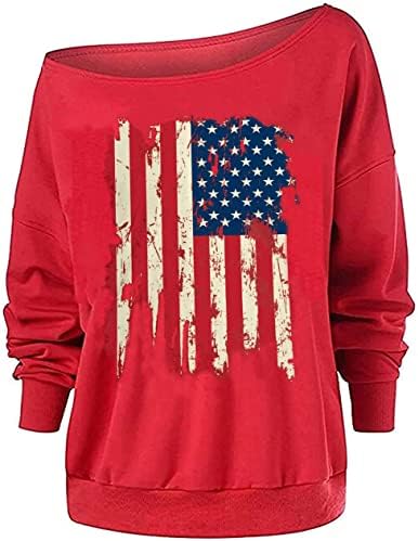 Хомибел Меморијален ден џемпер жени надвор од рамото американско знаме со долги ракави пулвер џемпер џемпер слабиот врв w/внатре