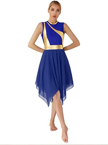TSSOE Womenените без ракави блок во боја, лирски танцов костум шифон полите сјајни пофалби танцат туничен фустан