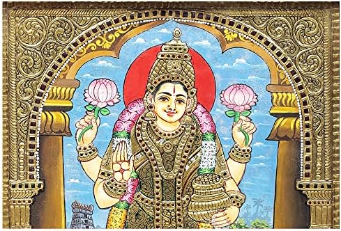 Егзотична Индија 17 x 21 божица Лакшми Танјоре сликање | Традиционални бои со 24к злато | Рамка од тиково дрво | Гол