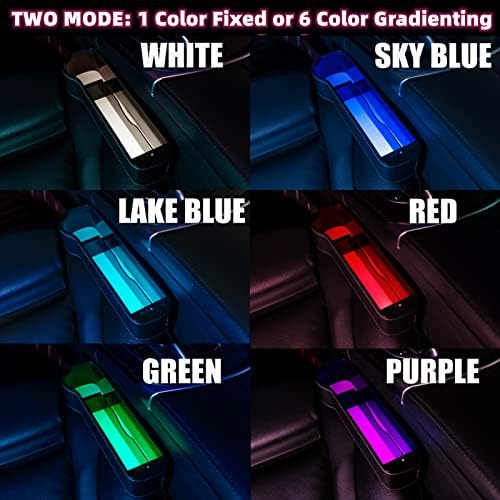 Организатор на јазот на седиштето на автомобилот Рисдорај, предно полнење на јазот на седиштето со 6 бои Ambient LED светло со двојно USB полнач за полначи, џебови за автом