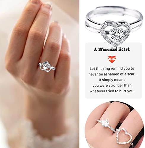 Свадба бенд за жени симулиран прстен за ангажман на дијаманти, едноставен срцев облик на срце, два во еден стабилен отворен прстен