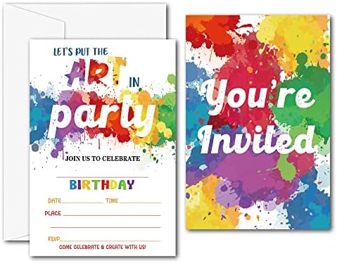 Покани за Уметнички Роденденски Забави-Материјали За Забави Со Прскање Со Боја-Пополнете Ги Празните Покани За Роденденска Забава - 20 Картички