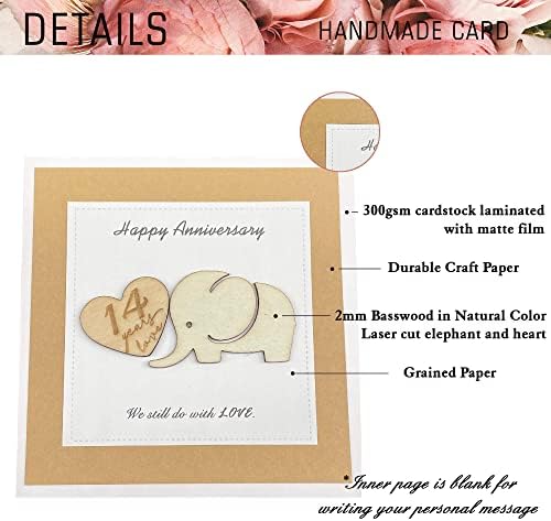 Дрвени 14 -ти картички за годишнини за подароци за свадба со пликови за годишнина од слонова коска, рачно изработени картички за