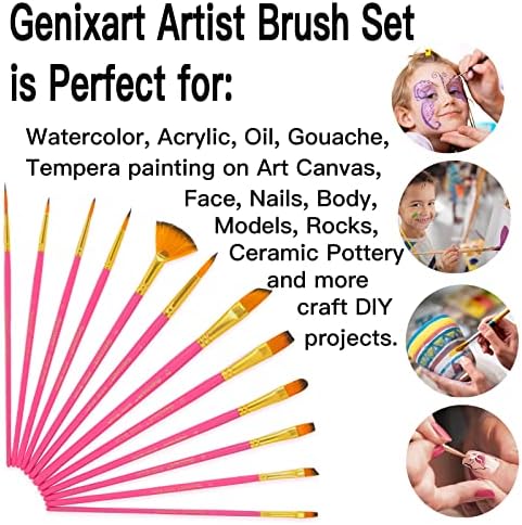 Genixart Chrush Chush Set за акрилно масло акварел, синтетички најлонски влакна уметник за бои за боја