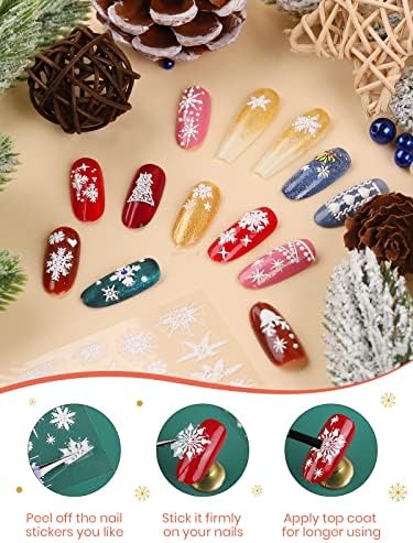10 парчиња снегулка врежани налепници за нокти, Лорваин 5Д Божиќни налепници за уметност на ноктите Божиќни француски зимски декорации