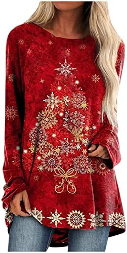 LMSXCT женски Божиќни туники врвови за носење со хеланки сјајни новогодишни печати лабава кошула со долга ракав екипаж блуза
