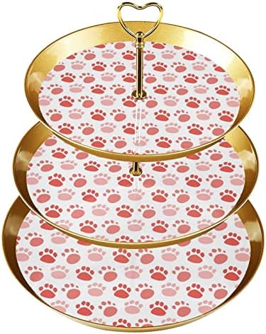 Dragonbtu 3 Tier Cupcake Stand со златна шипка пластична нивоа на десерт кула сад симпатична црвена кучиња шепи шема овошје бонбони