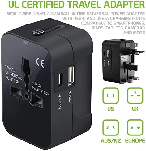 Travel USB Plus Меѓународен адаптер за напојување компатибилен со ZTE Axon за светска моќ за 3 уреди USB Typec, USB-A за патување помеѓу САД/ЕУ/АУС/НЗ/Велика