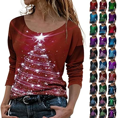 Божиќни кошули на Nokmopo за жени обични модни Божиќни печати, есенска маица со долг ракав