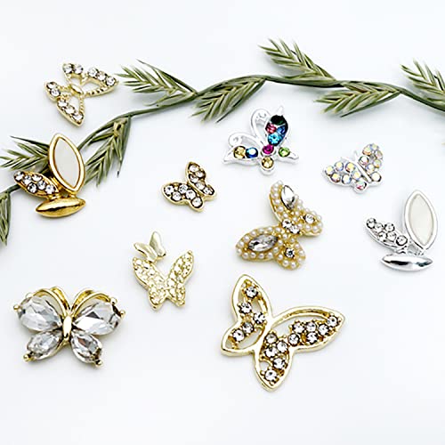 Wookoto 20pcs 3D пеперутка на ноктите и ригистони злато и сребрена нокти пеперутка привлечност за нокти кристали дијаманти лак метални шарми