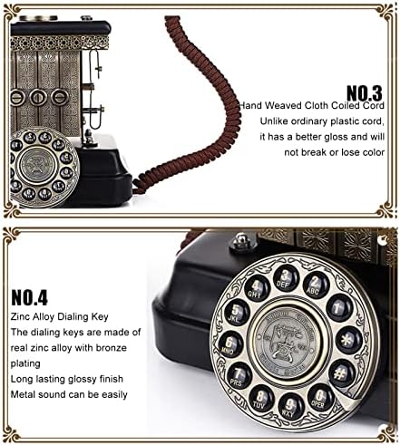 Vbestlife Европски ротационен кабел за антички телефон, стар гроздобер ротационен телефон со редакција на клуч за декор канцелариски дом, метална