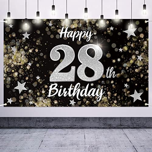 Нелбирт Среќен 28-ми Роденден Црна &засилувач; Сребрена Ѕвезда Голем Банер-Навива за 28 Години Роденден Дома Ѕид Фотопроп Позадина,28-Ми Роденден