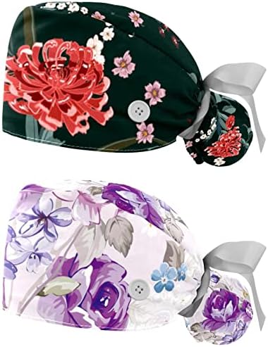 Rodailycay 2 пакувања Работно капаче со копче за жени со долга коса прилагодлива еластична вратоврска за грб, буфантни капачиња, лисја цвет