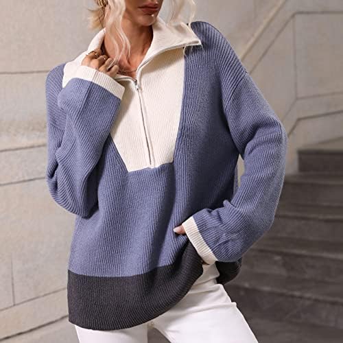 Женски преголем патент јака пулвер џемпер со долги ракави во боја, џемпер, џемпери, половина патент џемпери паѓаат врвови