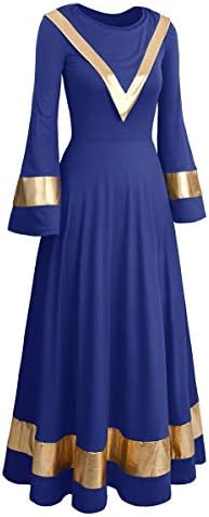 Женски металик шал -капаче за фаќање на танцување фустан во боја блок bellвонче, долг ракав литургиски танцувачки облеки за богослужба