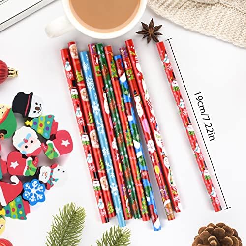 Плулон 24 парчиња Божиќни моливи со 24 парчиња слатки молив за празници со божиќни елементи на Дедо Мраз, Елк, санки, bellвонче за Божиќни забави