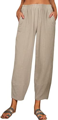 Женски памучни постелнини капри панталони, еластична половината широко нозе лабава вклопена јога каприс удобна модна салон панталони