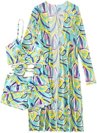 Knosfe жени 3 парчиња костим за капење шпагети каиш цветни печати лето такини влечење боемска течна облека за плажа