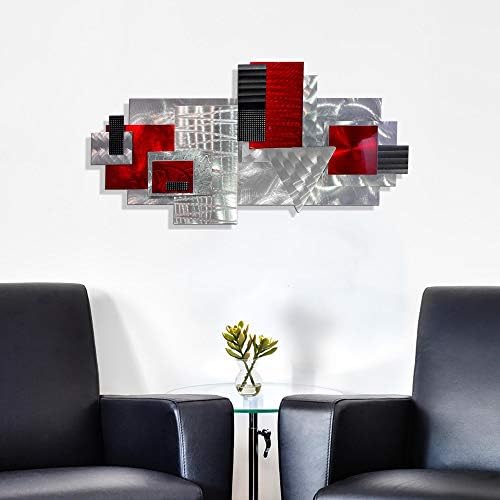 Изјави2000 Сребрена црвена и црна современа метална скулптура - геометриска апстрактна wallидна уметност - рачно изработен акцент на wallидот