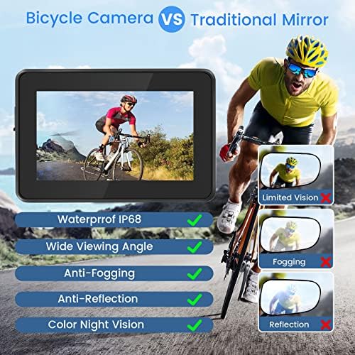 Огледало со велосипед со велосипед, 1080p велосипед заден преглед на камера со 4,3 екран, 130 ° широк агол во боја на ноќта