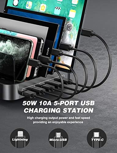 Станица за полнење за повеќе уреди, 5 во 1 мулти USB полнач станица со Stand Iwatch & Airpod и 8 мешани кратки кабли, приклучок
