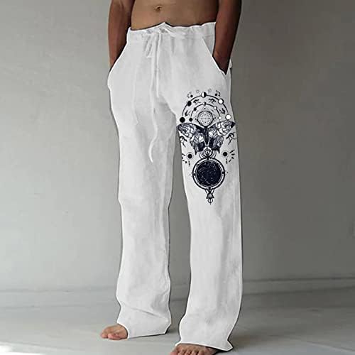 Панталони за мажи, машка лабава обична цврста боја памук панталони Еластична вратоврска печатени права панталони