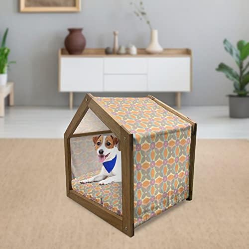 Лунарлива шарена дрвена куќа за миленичиња, кругови што се преклопуваат и цветни мотиви мозаик во пастелни нијанси со ретро ефект, преносно кучиња