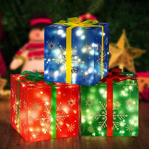 3 парчиња Божиќни украси Осветлени кутии за подароци - Орнаменти за здолништа со здолништа од Божиќ за домашни затворени, тремот, декор