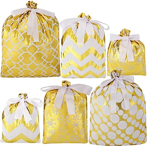Oyоин 6 компјутери Божиќна златна ткаенина торби за подароци со лента за ленти 4 Дизајн за куќи за завиткување на подароци за Божиќни забави