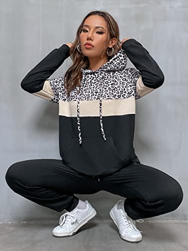 Fdsufdy Облека со две парчиња за жени леопард во боја на бок -качулка и џемпери и џемпери