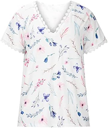 Женски врвови обични падови цветни печатени капчиња од чипка на чипка V вратот блуза со врвни пулвер кошули формална лабава маица