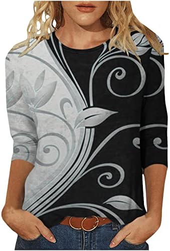 3/4 ракави маици жени летни обични врвови на вратот, цветни печатени графички маички, трендовски тенок фит туника блузи