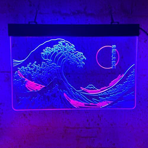 Големиот бран надвор од Канагава Неонски знак за wallиден декор, ретро рачно изработен домашен бар човек човек пештера јапонски бран LED
