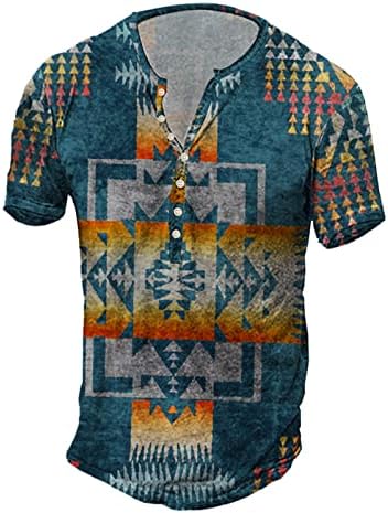 XXBR MENS AZTEC HENLEY кошули 3Д Ретро Бохо копче за печатење V вратот Обични врвови летни кратки ракави графички плажа кошула