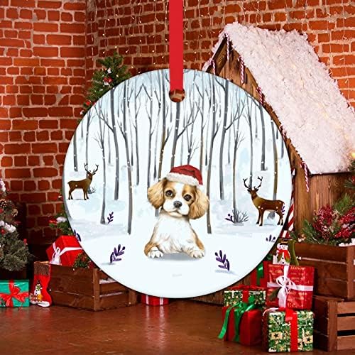 Куче Божиќ украс Божиќно куче во снег круг керамичко Божиќно дрво ирваси и Божиќ