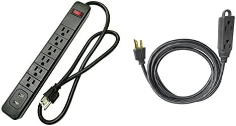 Аполо жица и кабел, 10 -ти затворен кабел за продолжување, црна, 16/3, SJT, 3 места плус лента за напојување, 2,5ft 14/3 SJT, црна, 2 USB порти