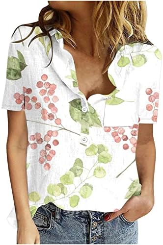 Женски цветни памучни постелнини врвови лето моден краток ракав копче нагоре против кошули со вратот плус големина обични лабави блузи